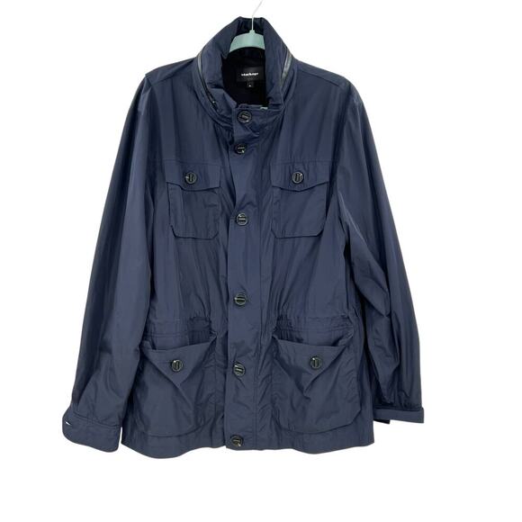 Mackage‎ Wyatt Safari Rain Jacket Button Zipper Leather Trim Blue Size 44 US XL - Picture 1 of 15